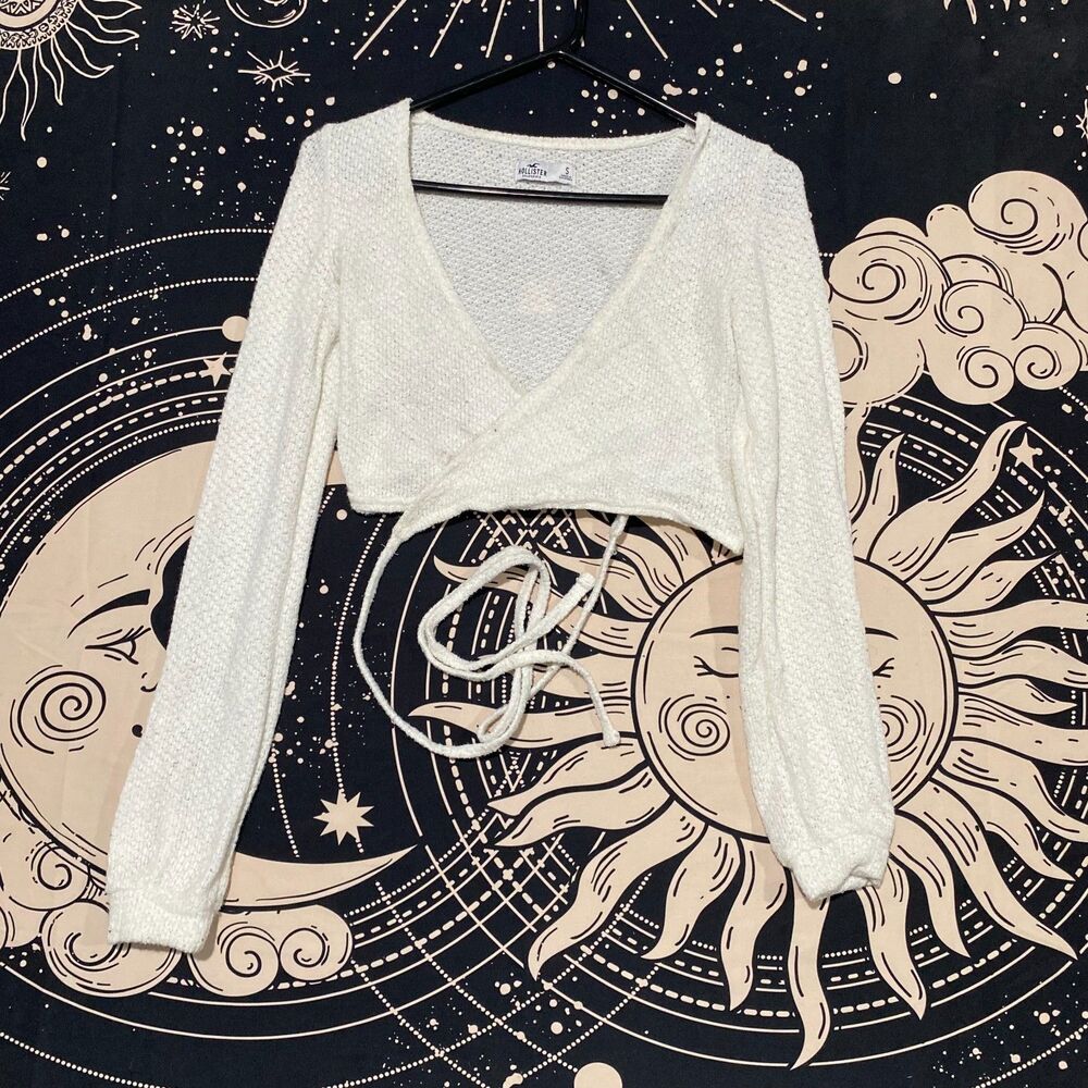 Hollister Wrap Sweater Women's S White Knitted Cropped Tie-Front Bohemian Cozy